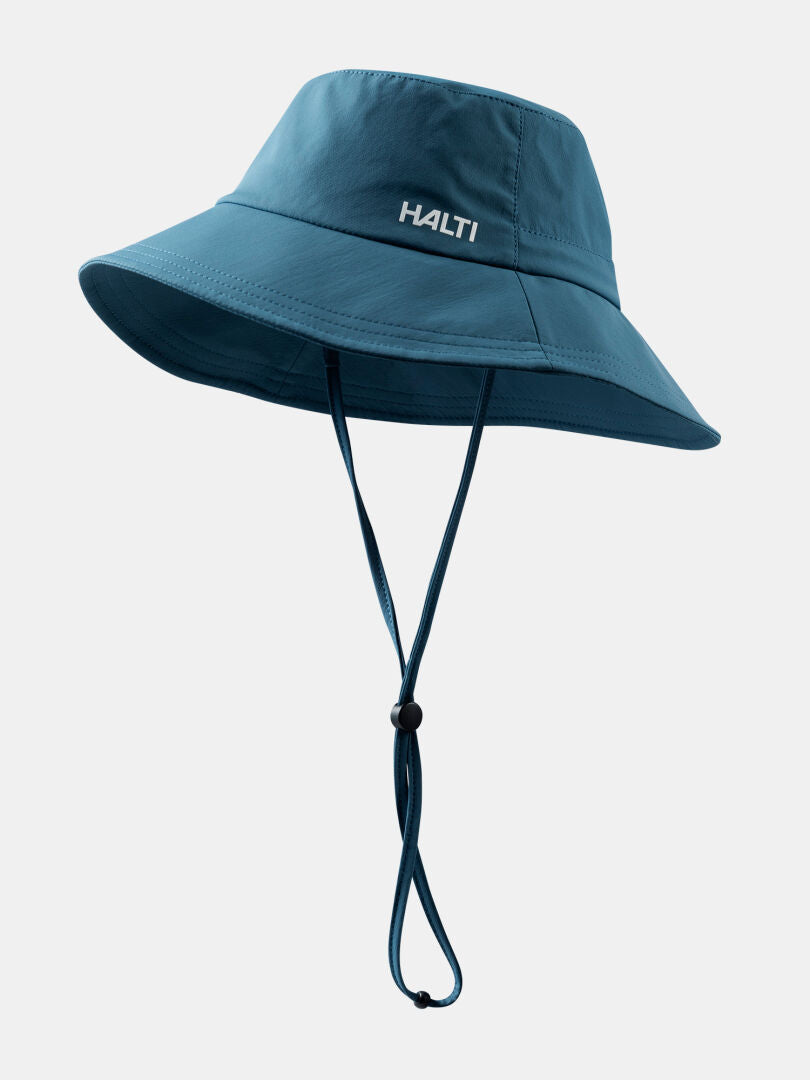Halti Luovi Bucket Hat with adjustable chin strap and UPF 90+ sun protection against a plain light background.