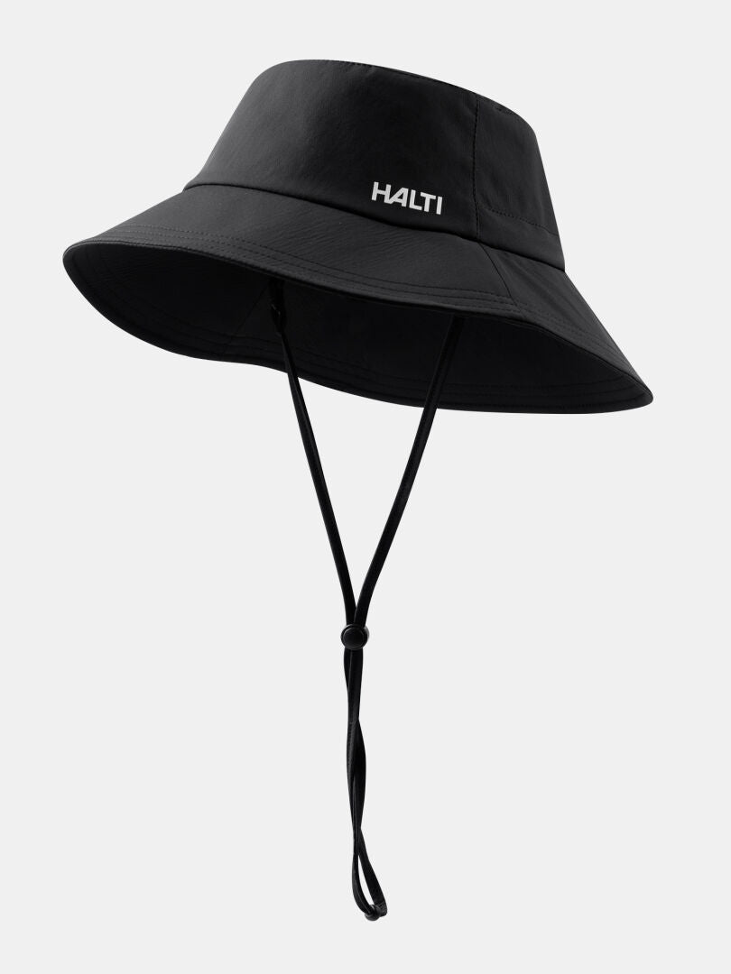 The Halti Luovi Bucket Hat is black with chin straps, UPF 90+, and HALTI printed in white on the front.