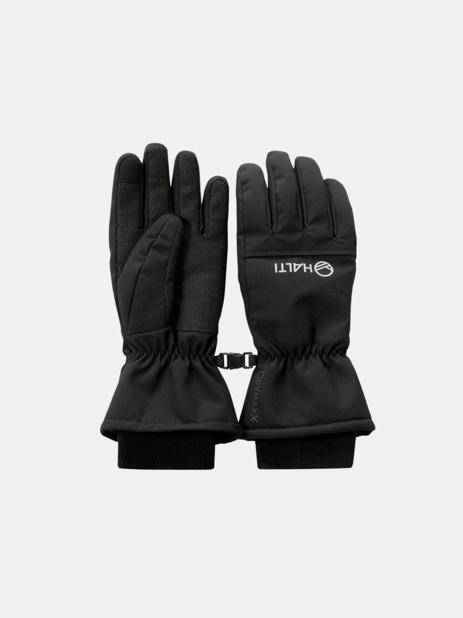 Halti Alium Gloves: unisex black winter gloves with adjustable wrists, made from recycled material, on white background.