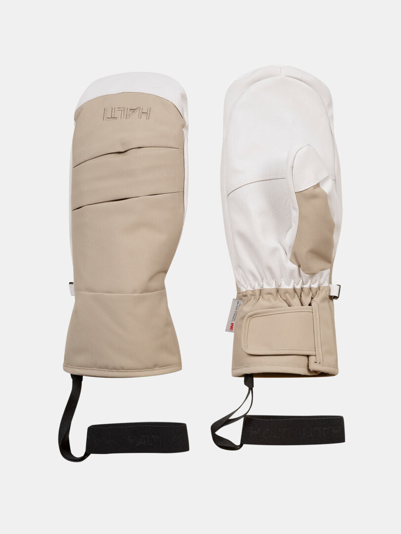 The Halti Vuotos Ski Mittens in beige and white, waterproof with black straps, are shown front and back on a plain background.
