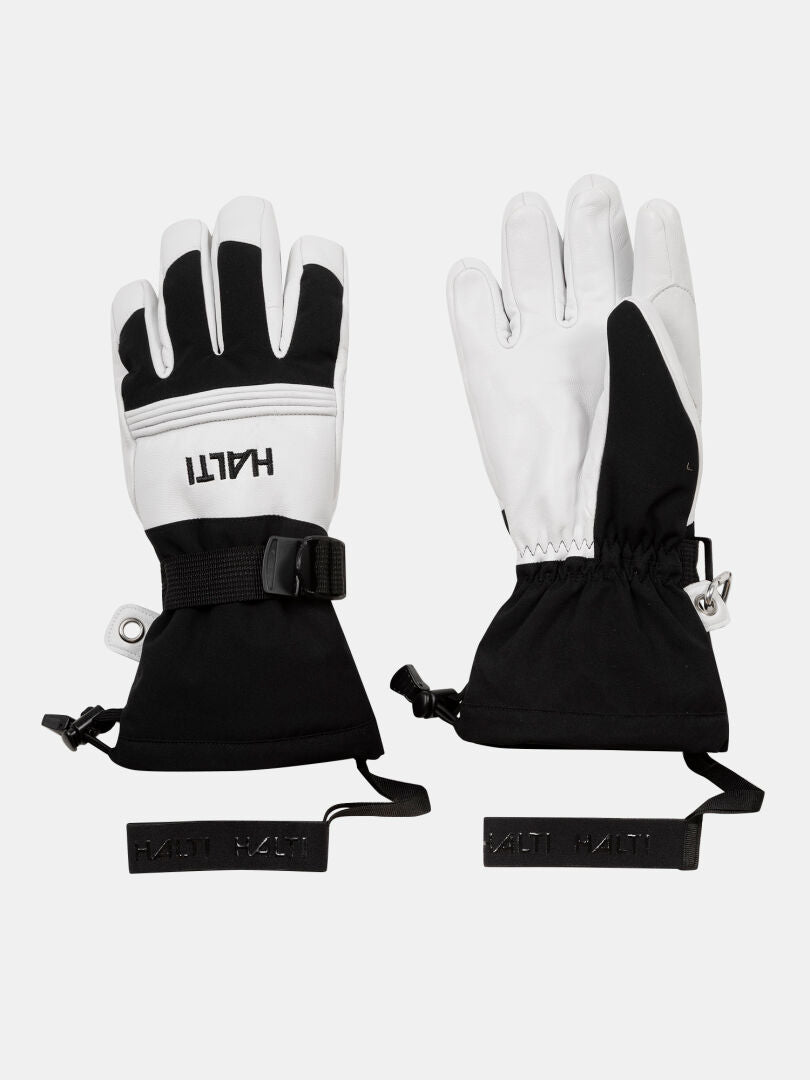 Halti Sykli Ski Gloves in black and white, waterproof with adjustable wrist straps, shown front and back on white.