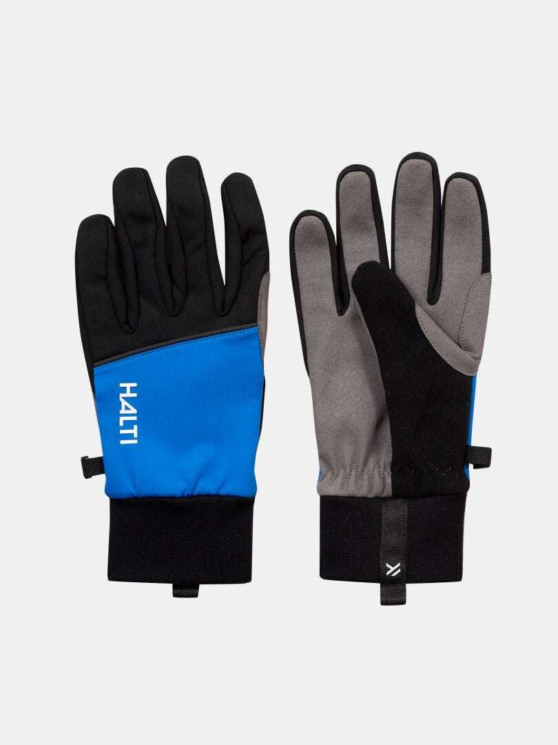 Halti XC Touring II Gloves in blue, black, and gray shown palm up and down, featuring the Halti print.
