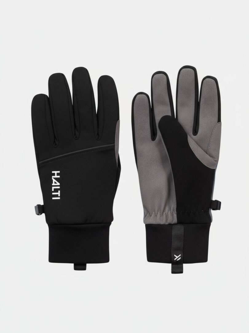 A pair of Halti XC Touring II windproof gloves, one black and one gray-black, displayed on a white background.