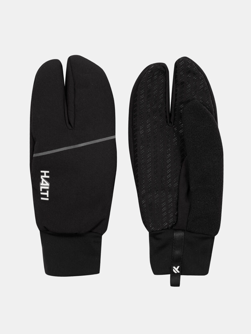 A pair of black Halti Kroka II split finger gloves with textured palms, shown front and back.