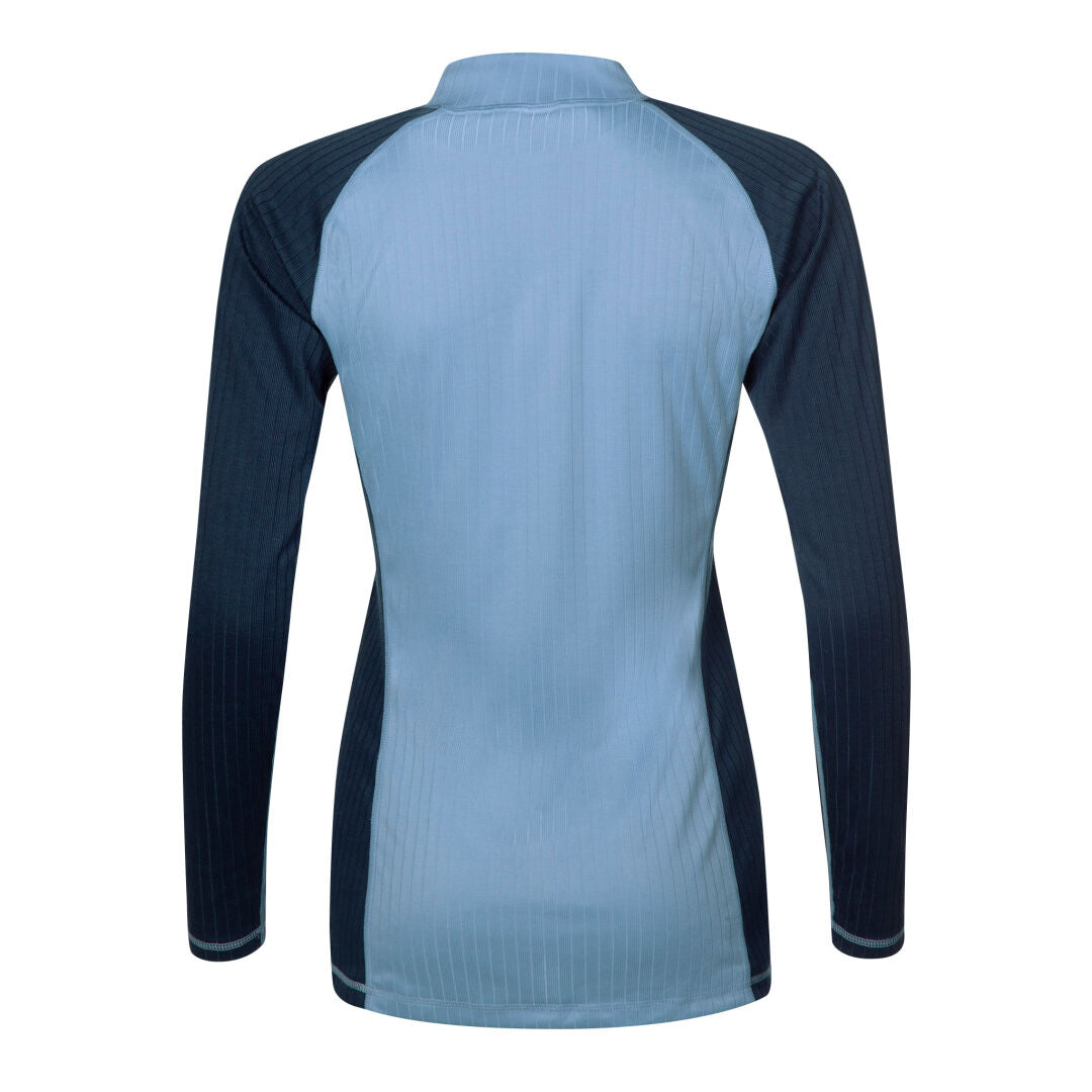 Back view of Halti Women's Base Layer Set with light blue center, dark blue sleeves—perfect for winter hiking.