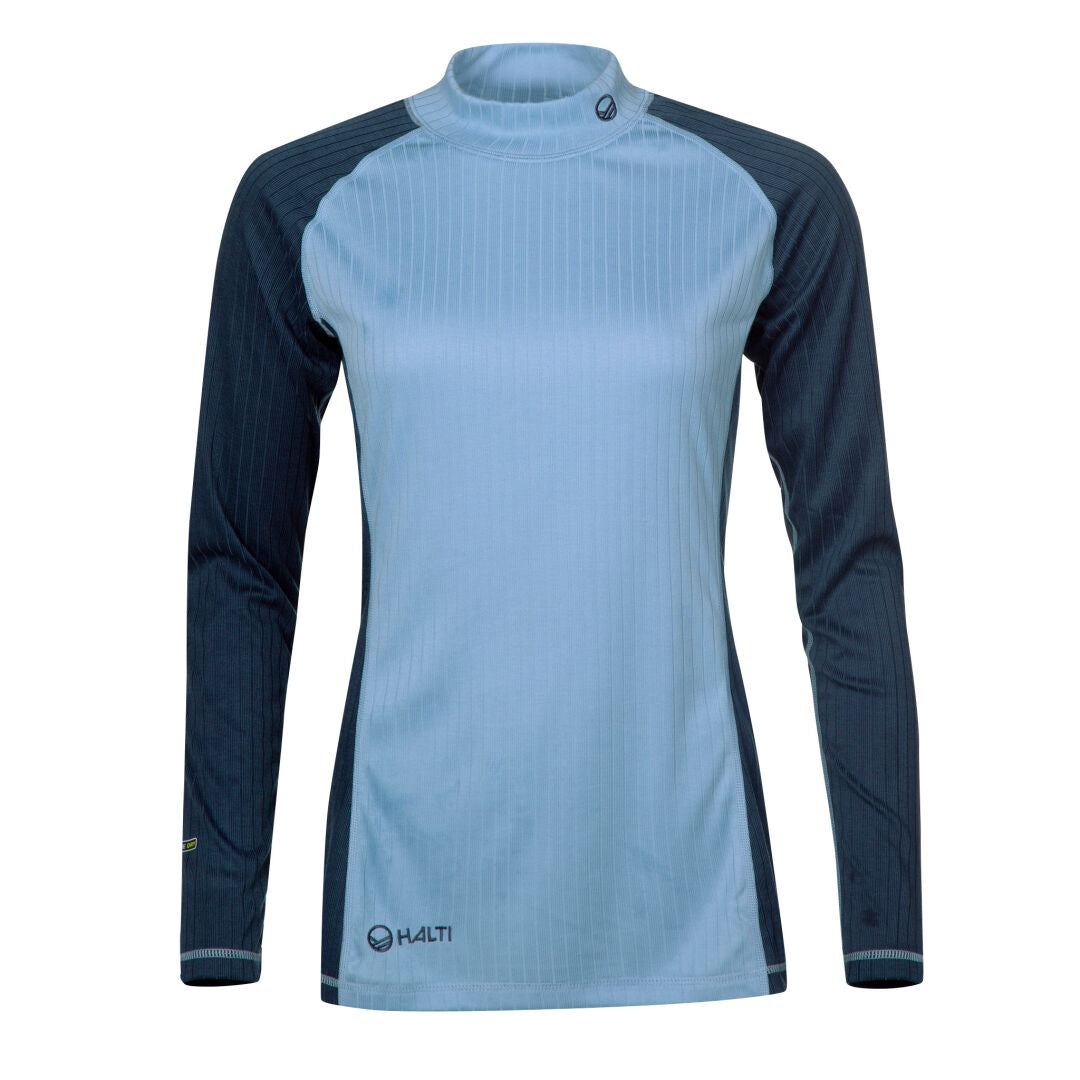 Halti Women's Base Layer Set in light and dark blue, long-sleeve, designed for moisture management, on white background.