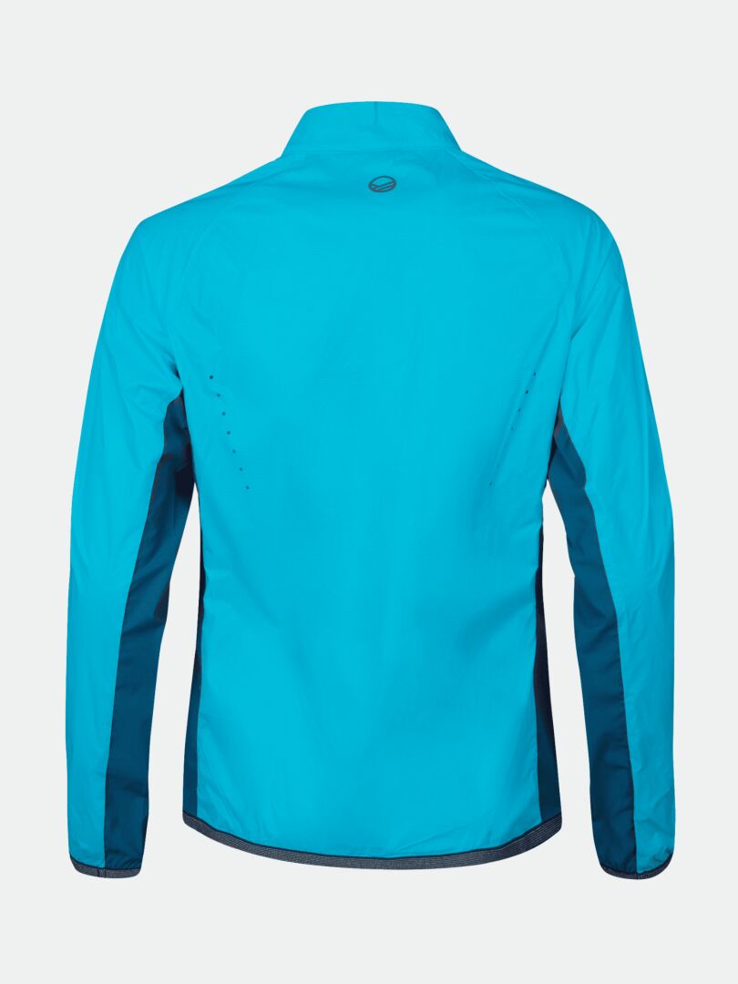 The Halti Control Women's Windbreaker Jacket in bright blue has dark navy side and underarm panels, shown from the back.