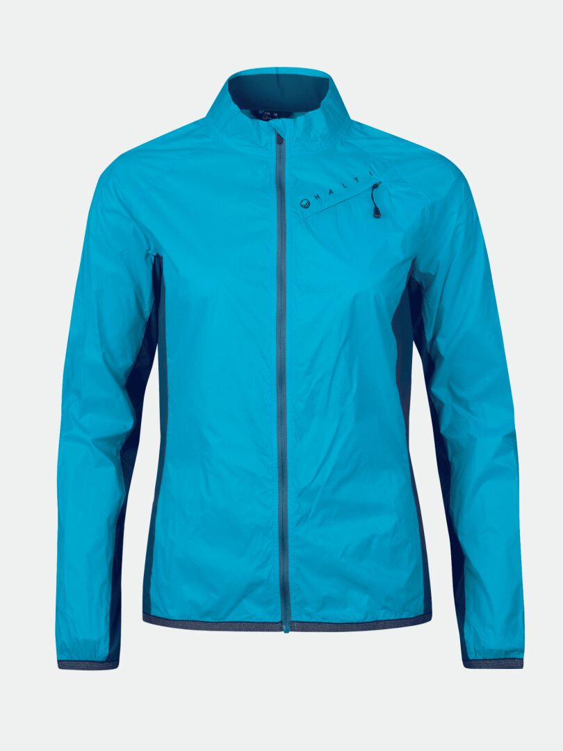 The Halti Control Women's Windbreaker Jacket is a lightweight, long-sleeved turquoise zip-up with a high collar.