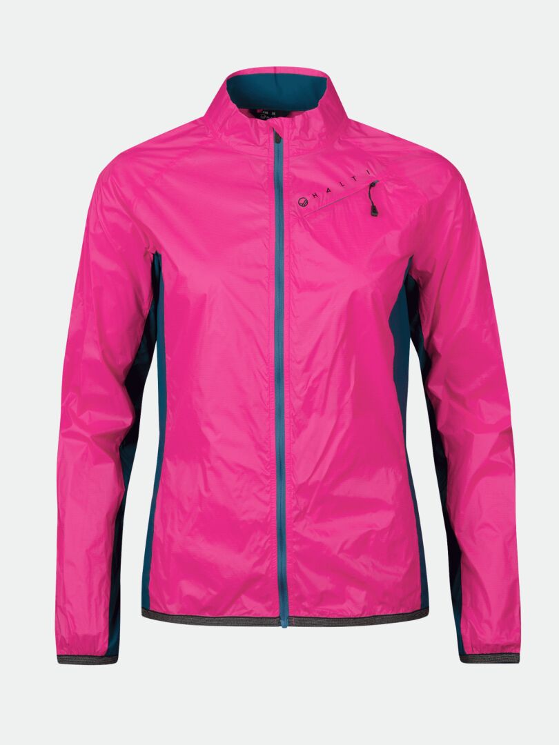 The Halti Control Women's Windbreaker Jacket is bright pink with blue panels, windproof, and features a stand collar.