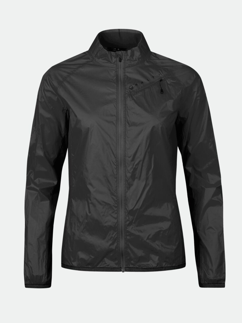 The Halti Control Women's Windbreaker Jacket is black, lightweight, windproof, and features a high collar and zip chest pocket.