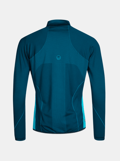 Halti Tracks Mens Seamless Jacket in teal/dark blue, long-sleeved, shown from the back on white.