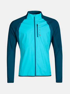 The Halti Tracks Mens Seamless Jacket is blue/teal, wind-resistant, breathable, with long sleeves and a chest pocket.