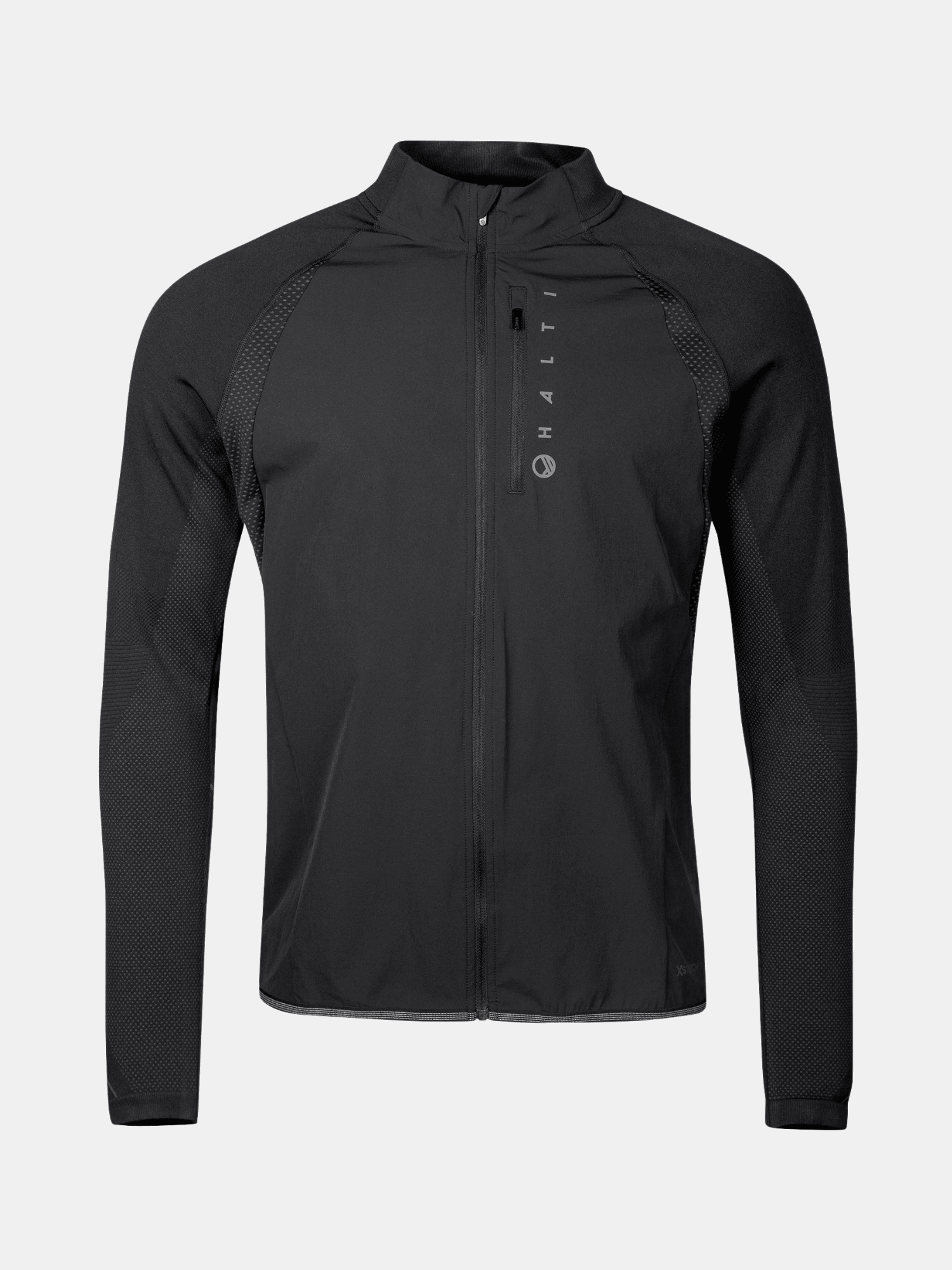The Halti Tracks Mens Seamless Jacket is black, wind-resistant, long-sleeved, with a high collar and chest pocket.