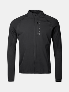 The Halti Tracks Mens Seamless Jacket is black, wind-resistant, long-sleeved, with a high collar and chest pocket.