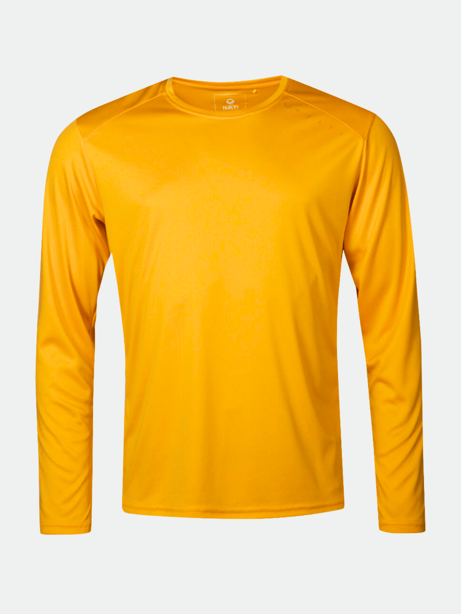The Halti Vassi Mens Long-sleeve Workout Shirt in yellow (UPF 30+) is shown against a white background.