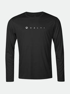 The Vassi Mens Long-sleeve Workout Shirt by Halti is a black, breathable training top with a white logo for comfort.