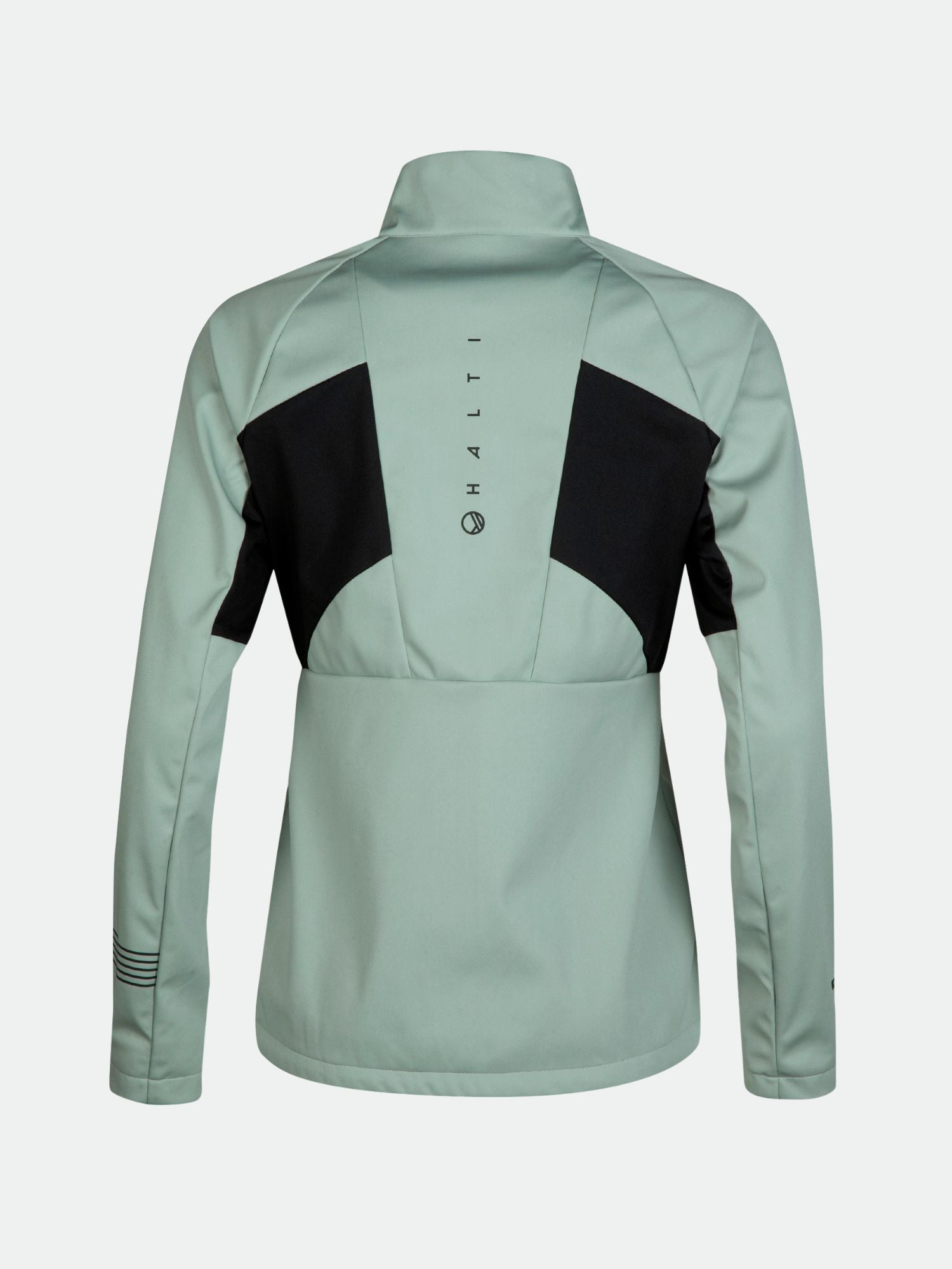 Halti Vinha Hybrid XCT Jacket Women's in light green with black panels, ideal for winter runs or skiing, HALTI text vertical.