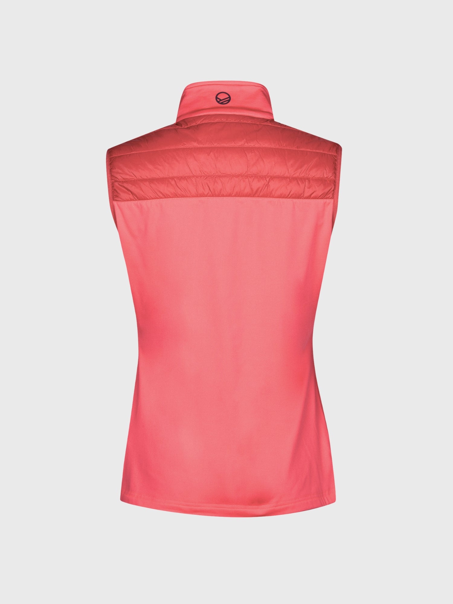 Halti Veidnes Women's Insulation Vest: sleeveless, coral, quilted upper back, small round logo below collar.