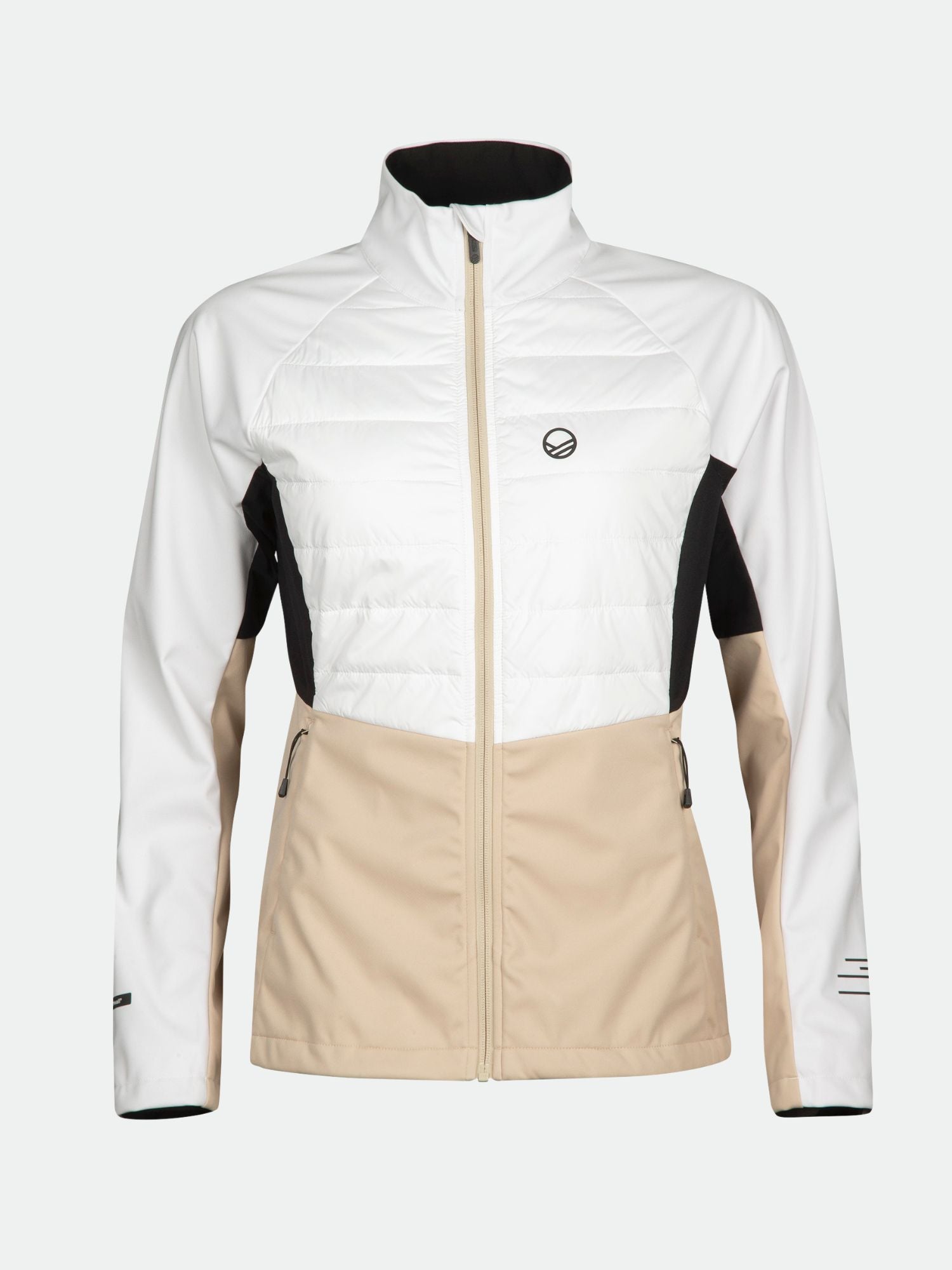 The Halti Vinha Hybrid XCT Jacket Women's in white, beige, and black is perfect for cross-country skiing or winter running.