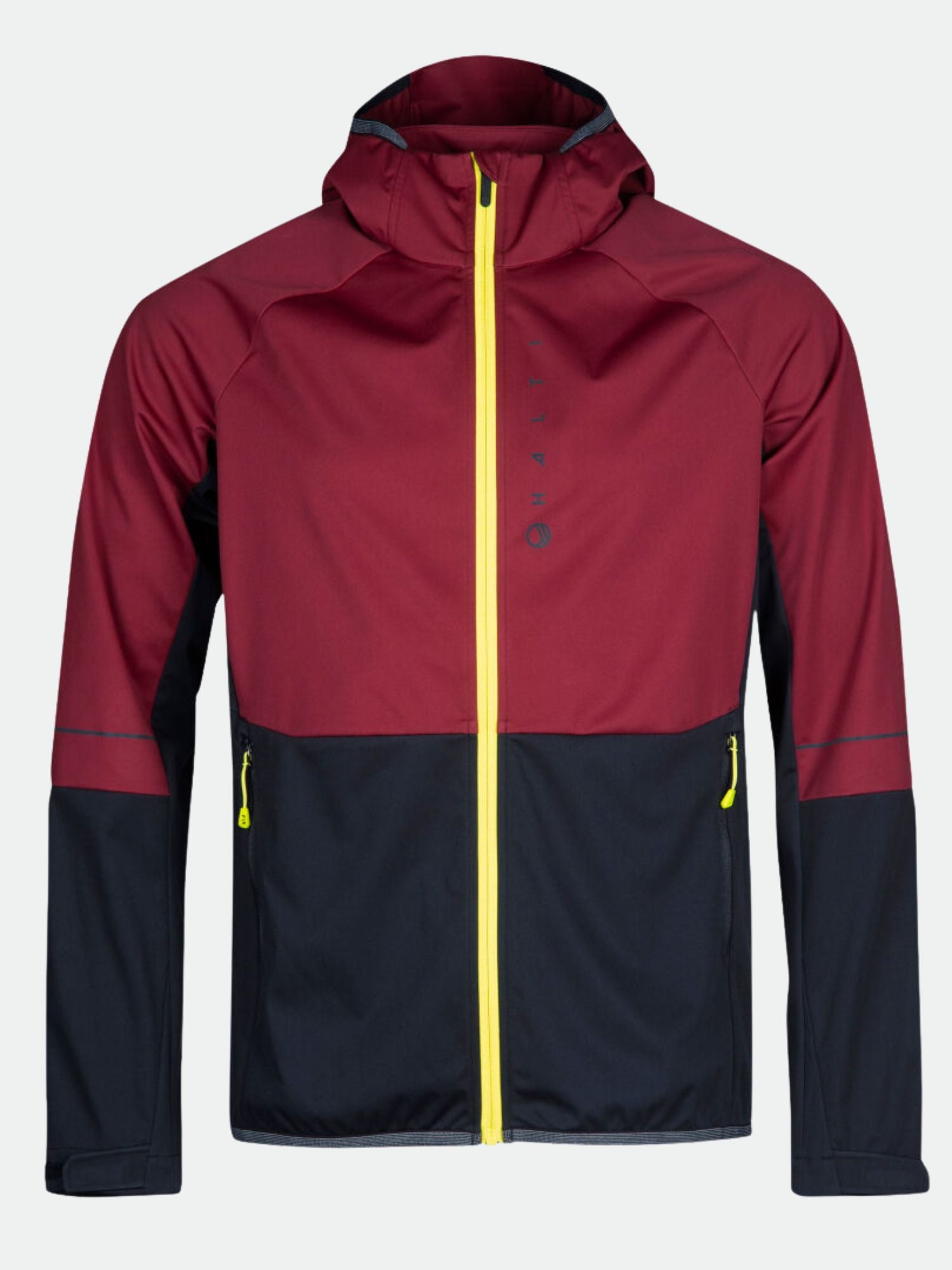 Halti Exhale Stormwall Men's jacket features maroon/black colors, yellow zipper, hood, and reflective details.