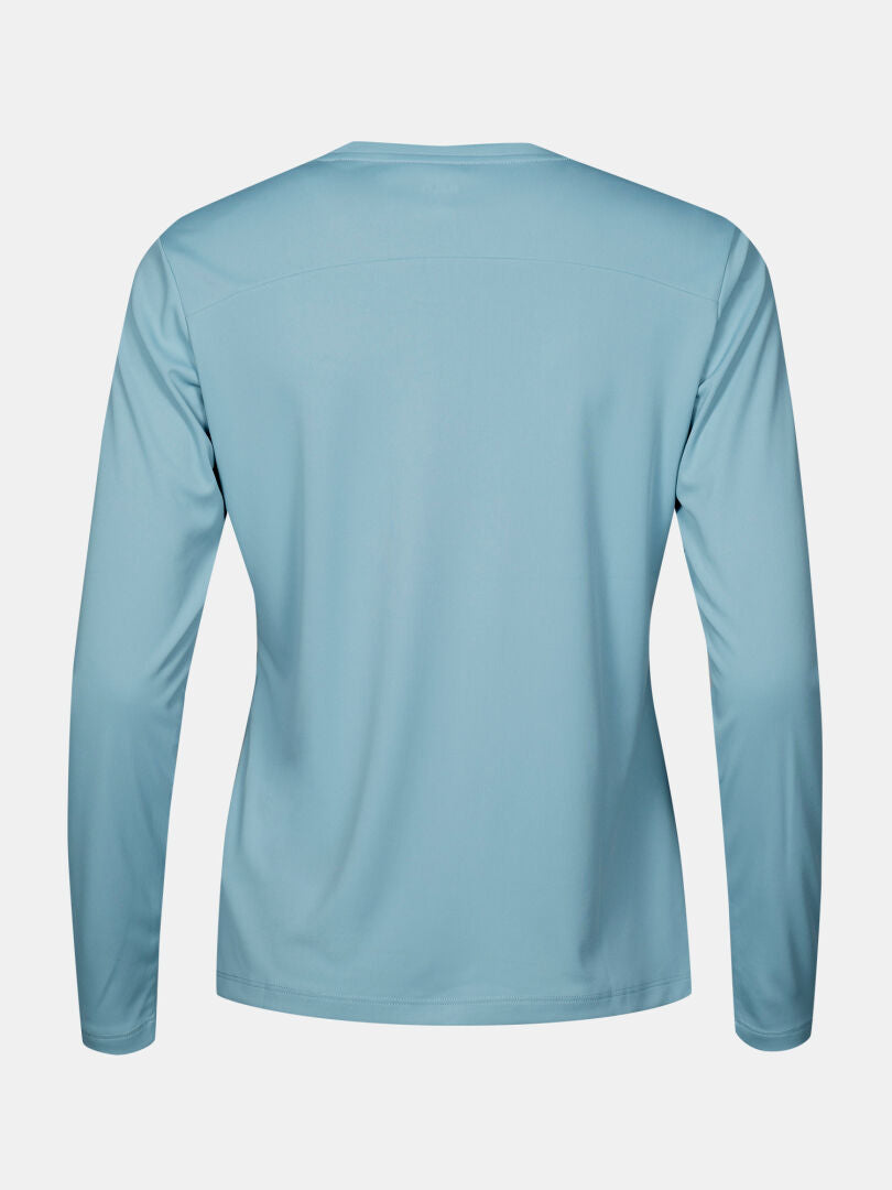 The Halti Salves Training Shirt Women's in light blue, long-sleeve, shown from the back on a plain white background.