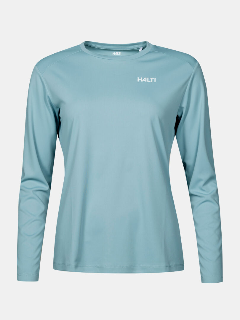 Halti Salves Training Shirt Women's—light blue, crew neck, long-sleeve, breathable activewear for workouts.