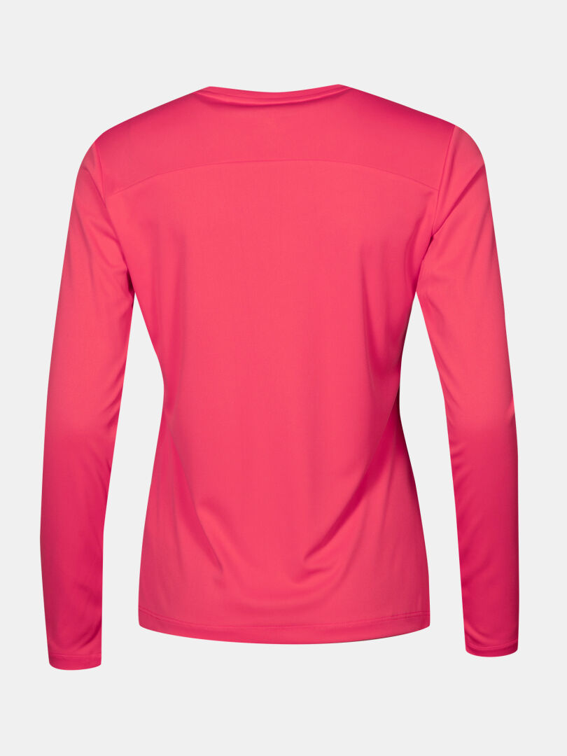 The Halti Salves Training Shirt Women's, bright pink with long sleeves, is shown from the back on a white background.