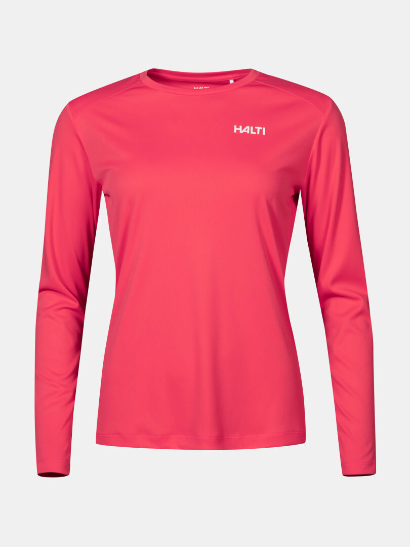 The Halti Salves Training Shirt Women's is a long-sleeved, bright pink crew neck with a logo on the left chest.