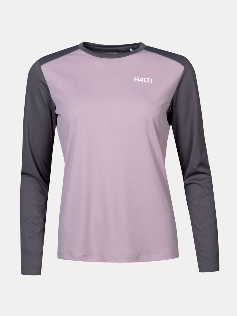 Halti Salves Training Shirt Women's: long-sleeve, light pink/gray, recycled sport knit, logo on chest.