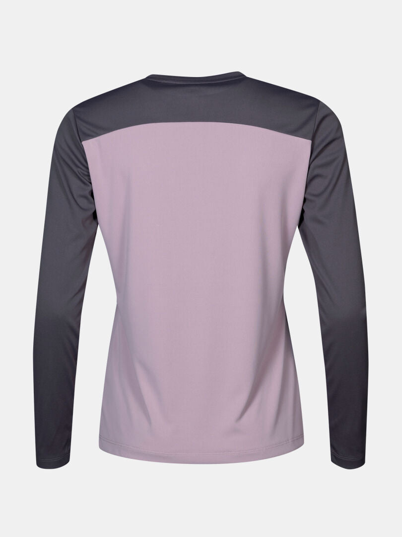 Halti Salves Training Shirt Women's: light purple, long sleeves, dark gray recycled sport knit sleeves & back panel.