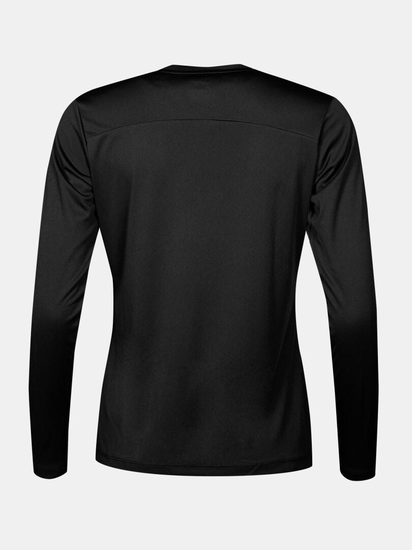 Back view of Halti Salves Training Shirt Women's in black, technical activewear, shown against a light gray background.