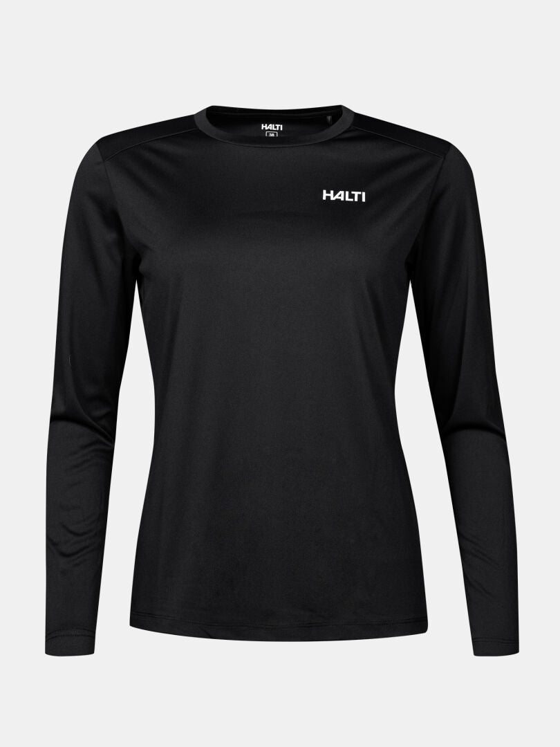 The Halti Salves Training Shirt Women's is a black, long-sleeve, crew neck workout top with logo on chest.