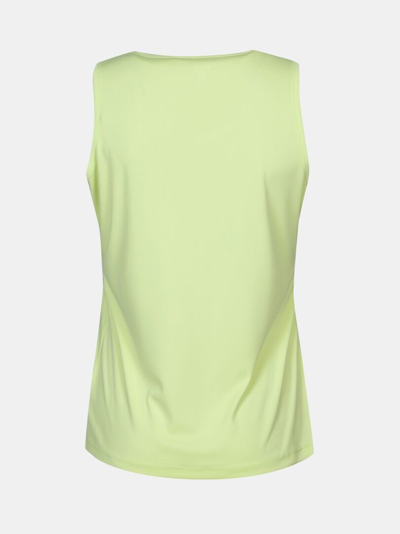 Back view of Halti Salves Top Women's, sleeveless light yellow-green tank, recycled polyester, on white background.