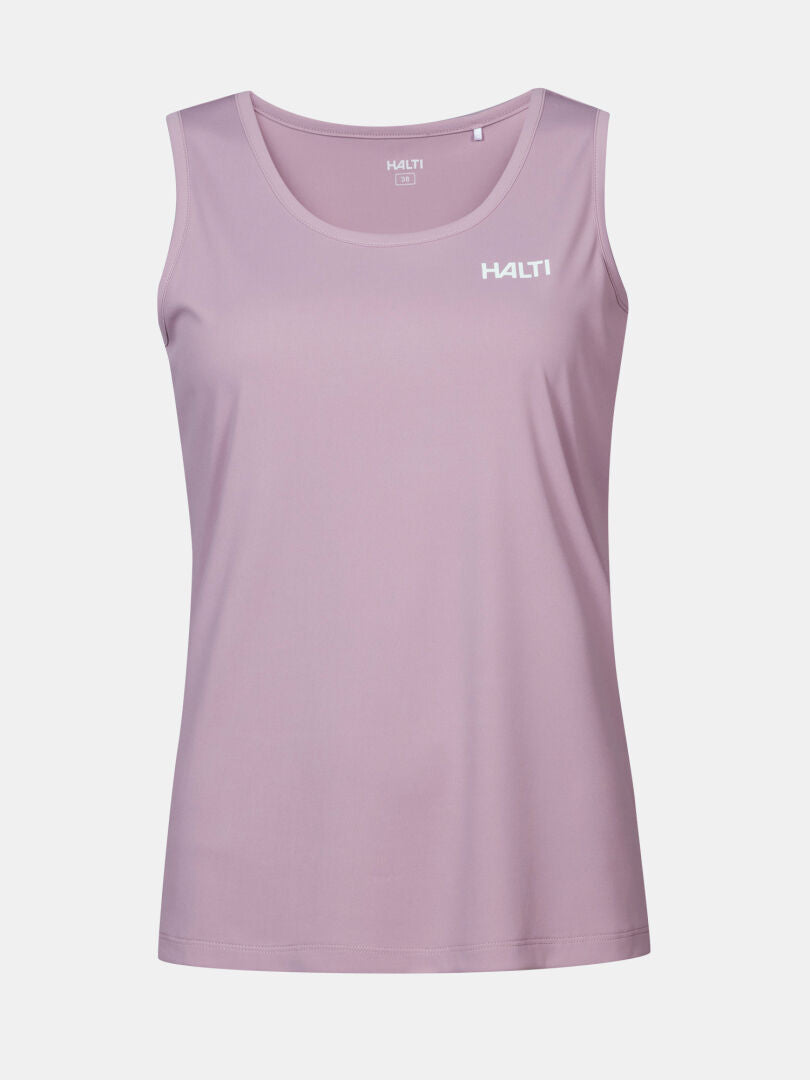Halti Salves Top Women's: sleeveless light purple tank with round neckline, logo, and breathable recycled polyester.