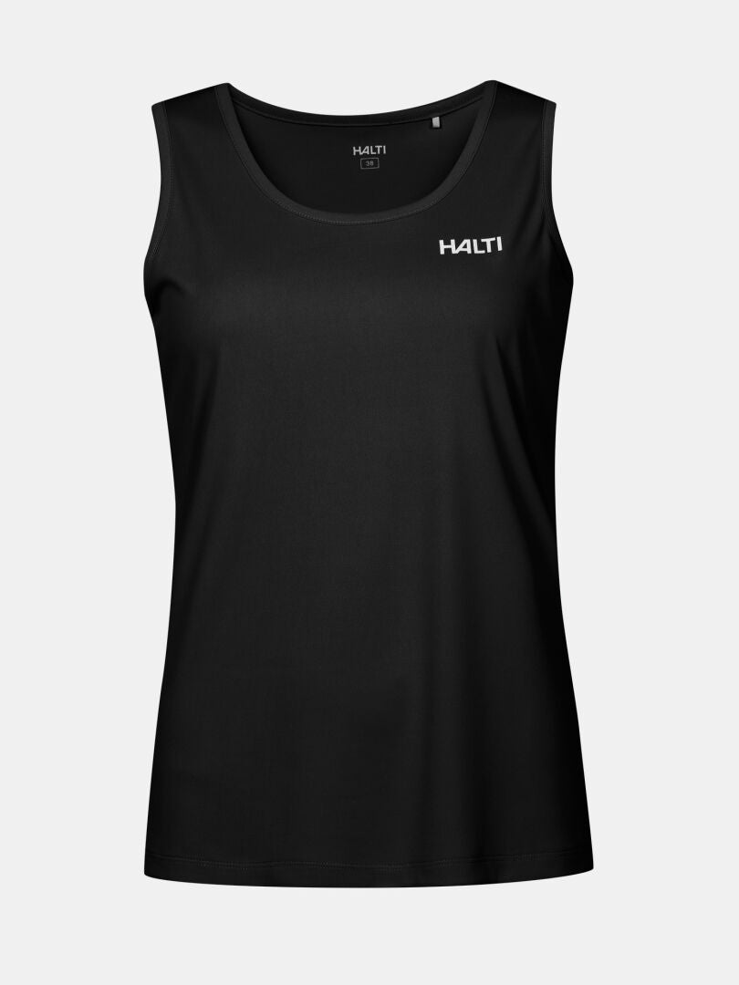 The Salves Top Women's by Halti is a black tank top made from recycled polyester with a white HALTI logo.