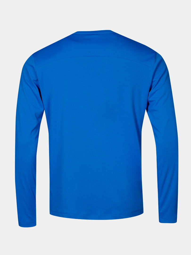 Back view of Halti Salves Training Shirt Men's, bright blue, long-sleeve and breathable, on white background.