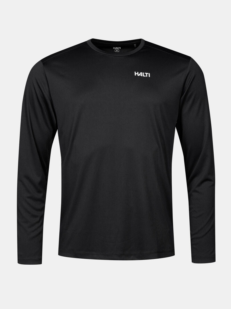 The Halti Salves Training Shirt Men's is black, long-sleeve, with a crew neck and logo on the left chest.