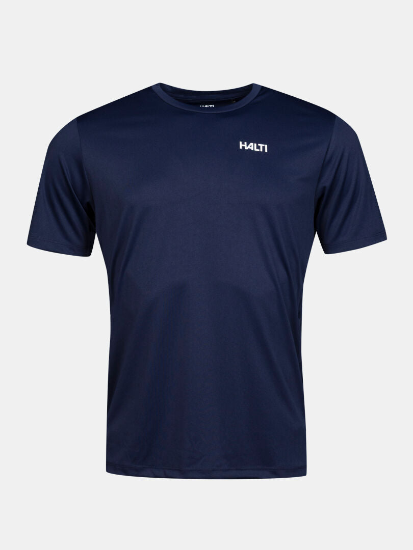 The Halti Salves T-shirt Men's in navy blue features a small white logo and is made from recycled polyester.
