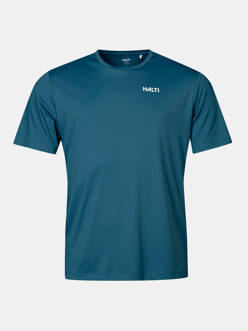 The Salves T-shirt Men's by Halti is a teal recycled polyester tee with the logo on chest, shown on white background.