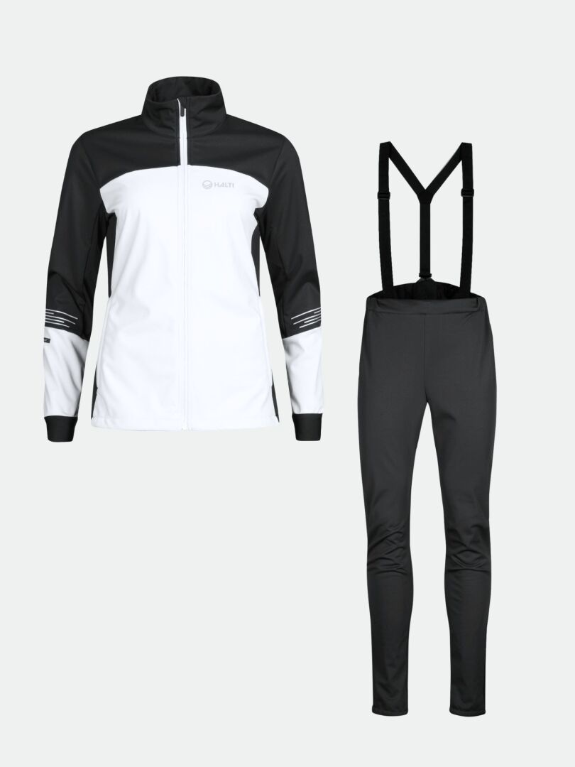 The Halti Siide XC Set Women's is a windproof, breathable ski suit with black suspender pants for cold days.