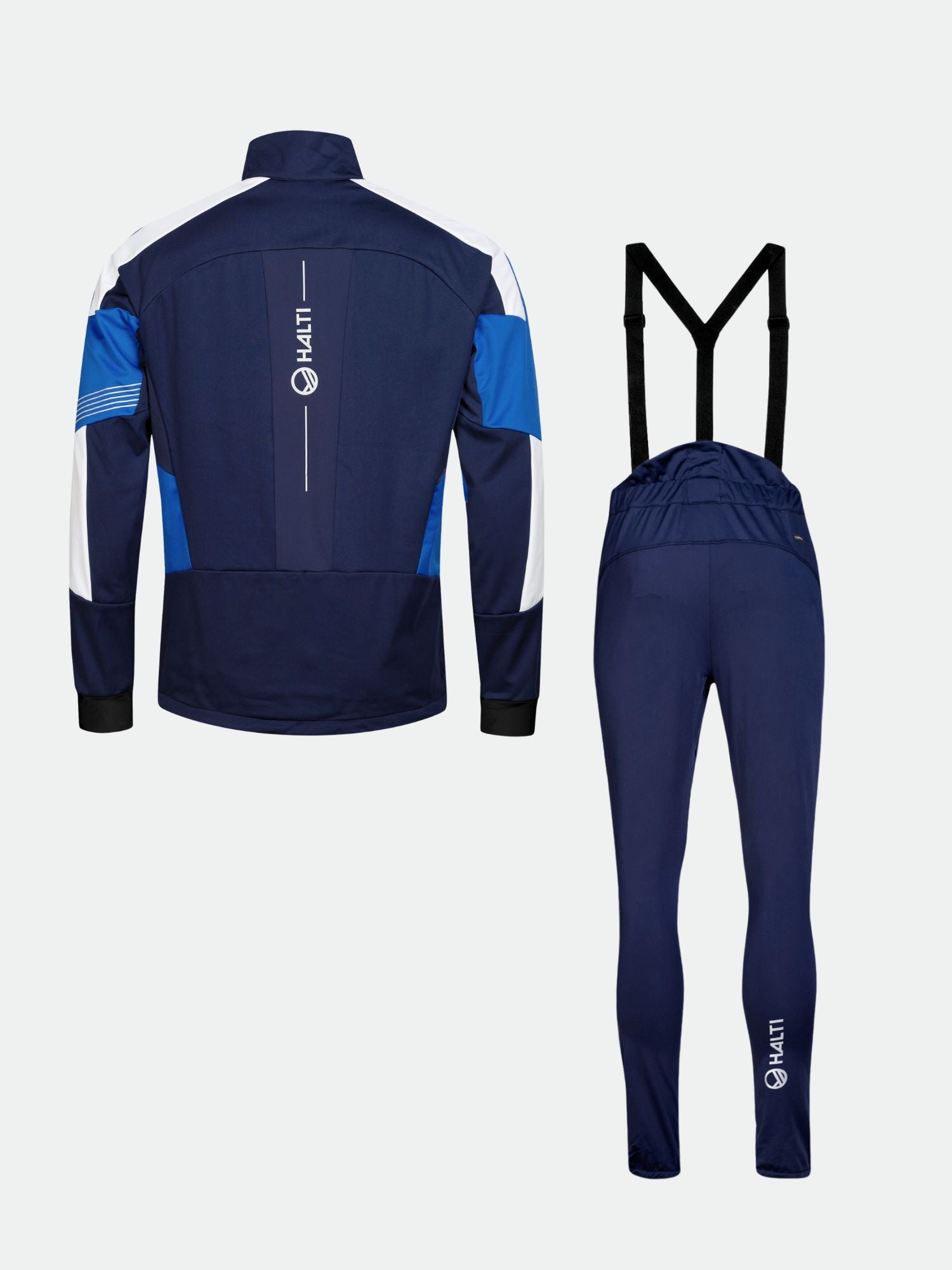 The Halti Hyyde XC Set Men's is shown from the back in navy blue and black with jacket and suspenders leggings.