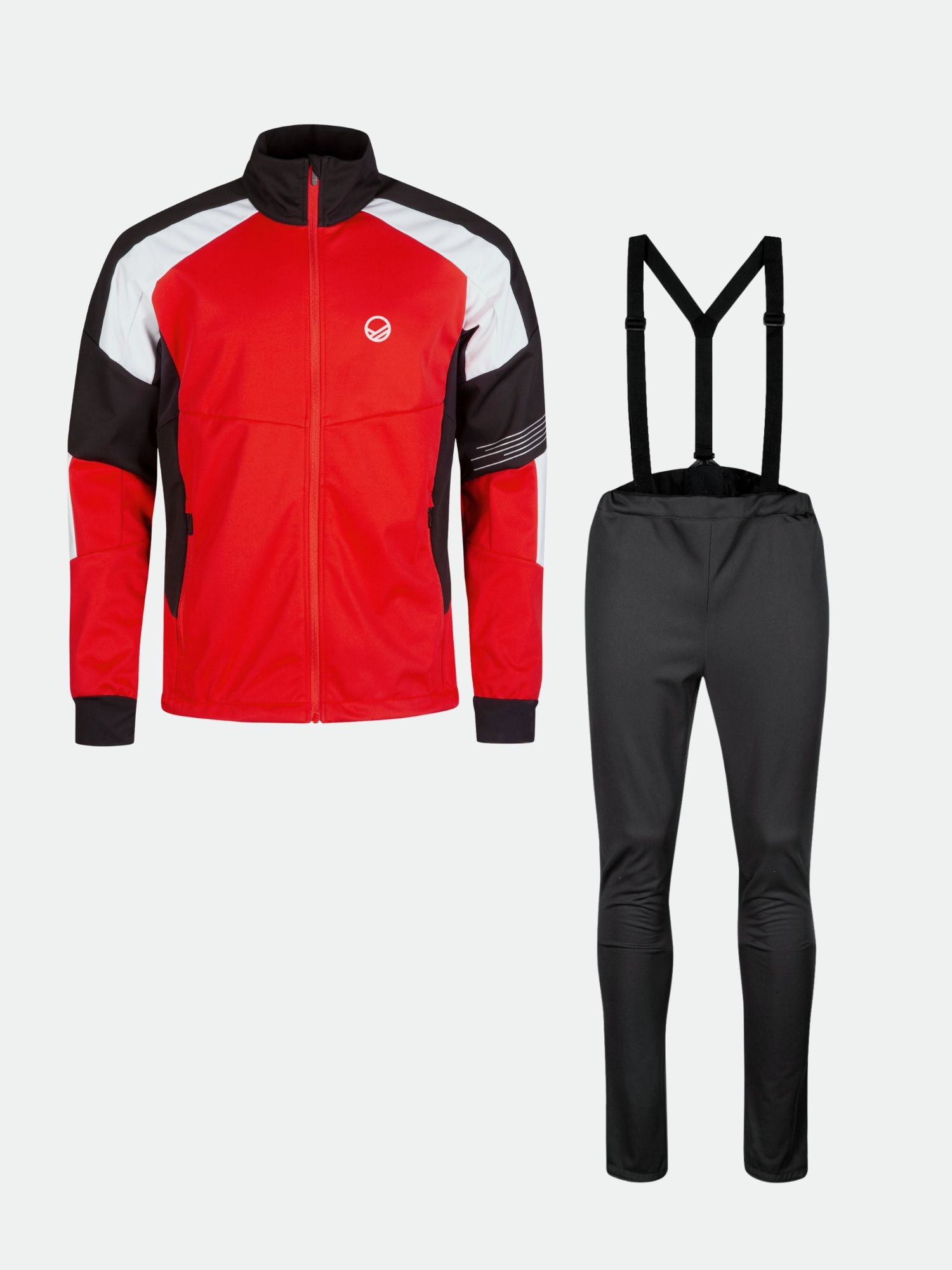 Halti Hyyde XC Set Men's: red, black & white softshell with suspenders, perfect for XC skiing or winter training.