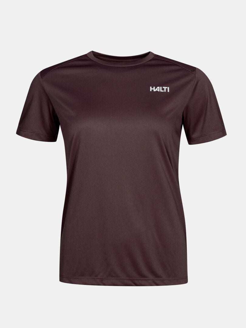 Dark brown Halti Technical T-shirt Women’s Plus with a crew neck and chest logo for year-round active use.