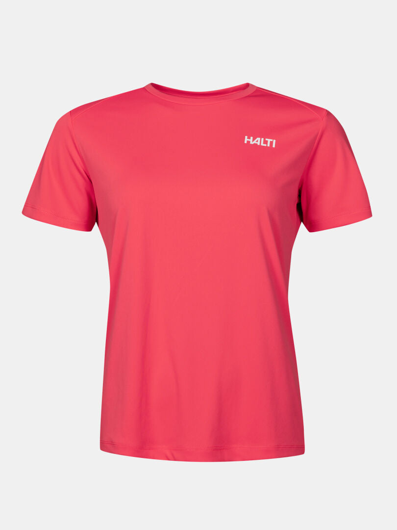 Pink Halti Technical T-shirt Women’s Plus, a lightweight, short-sleeved crew neck top for year-round active use.