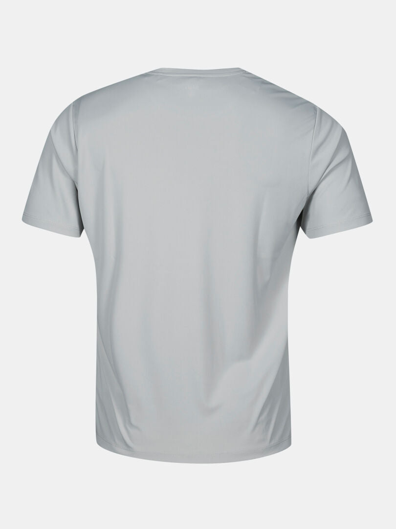 Back view of a lightweight, grey short-sleeved Technical T-shirt Men’s with a crew neck.