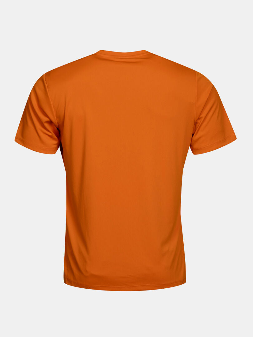 Back view of a lightweight, moisture-managing orange Technical T-shirt Men’s with a crew neck.