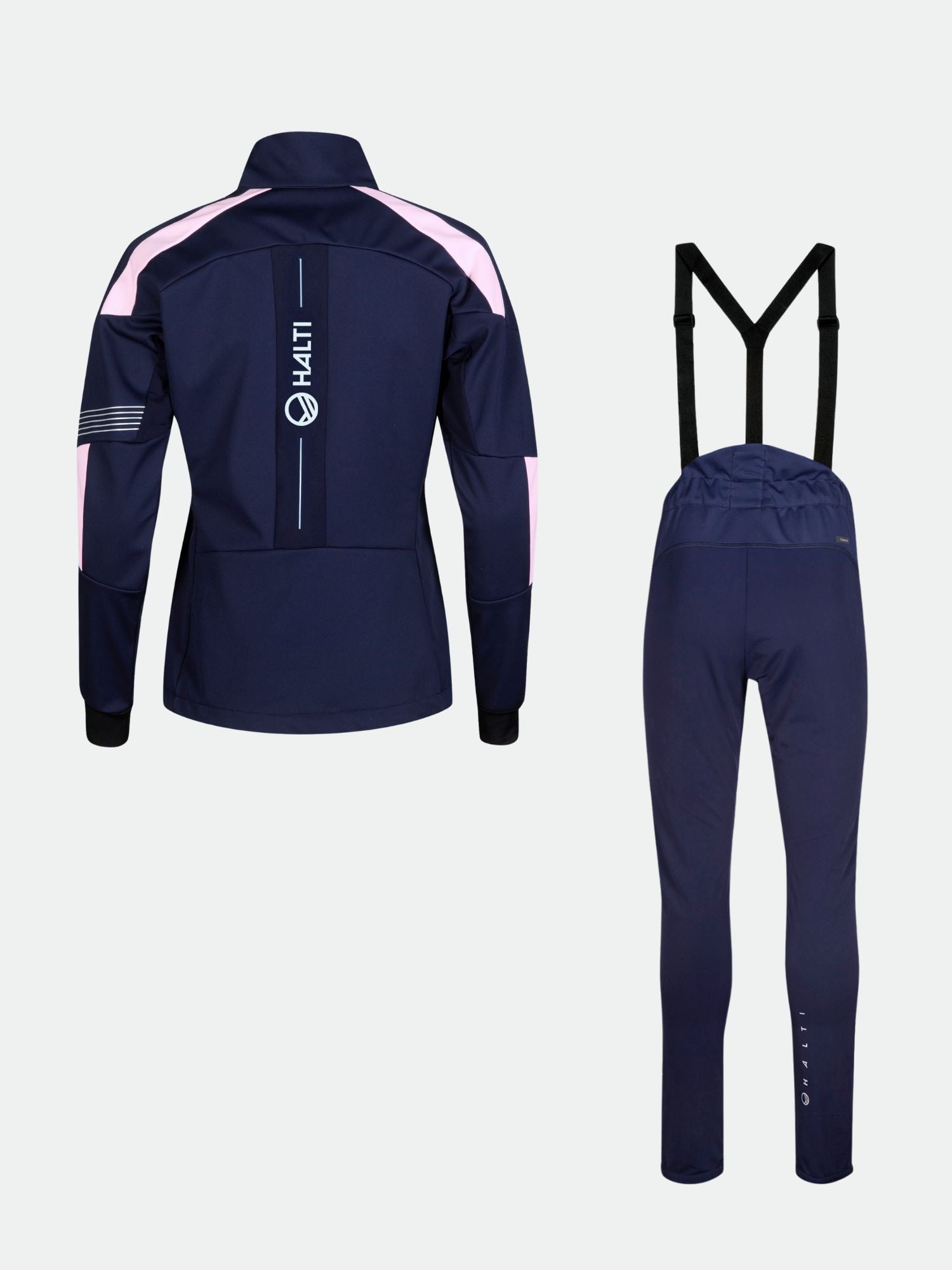 Halti Hyyde XC Set Women's: navy blue softshell with pink accents and white logos, perfect for winter training.