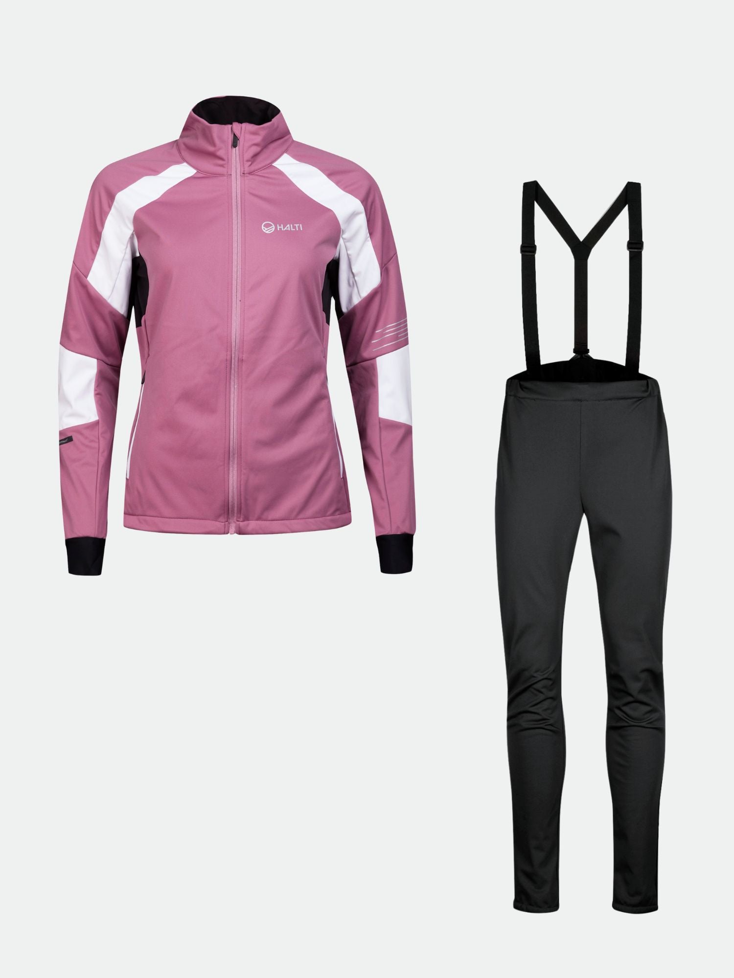 The Halti Hyyde XC Set Women's is a pink and white softshell with black accents, ideal for winter training or skiing.
