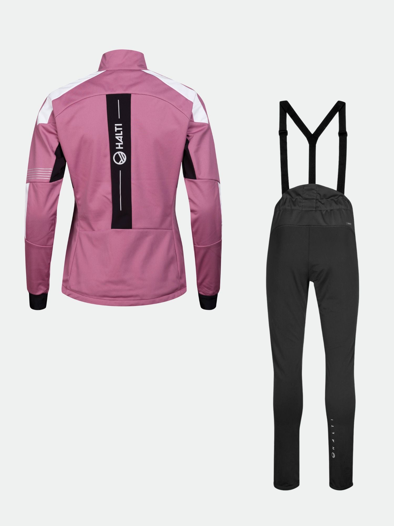 The Halti Hyyde XC Set Women's: pink/white branded jacket and black cross-country ski pants for winter training.
