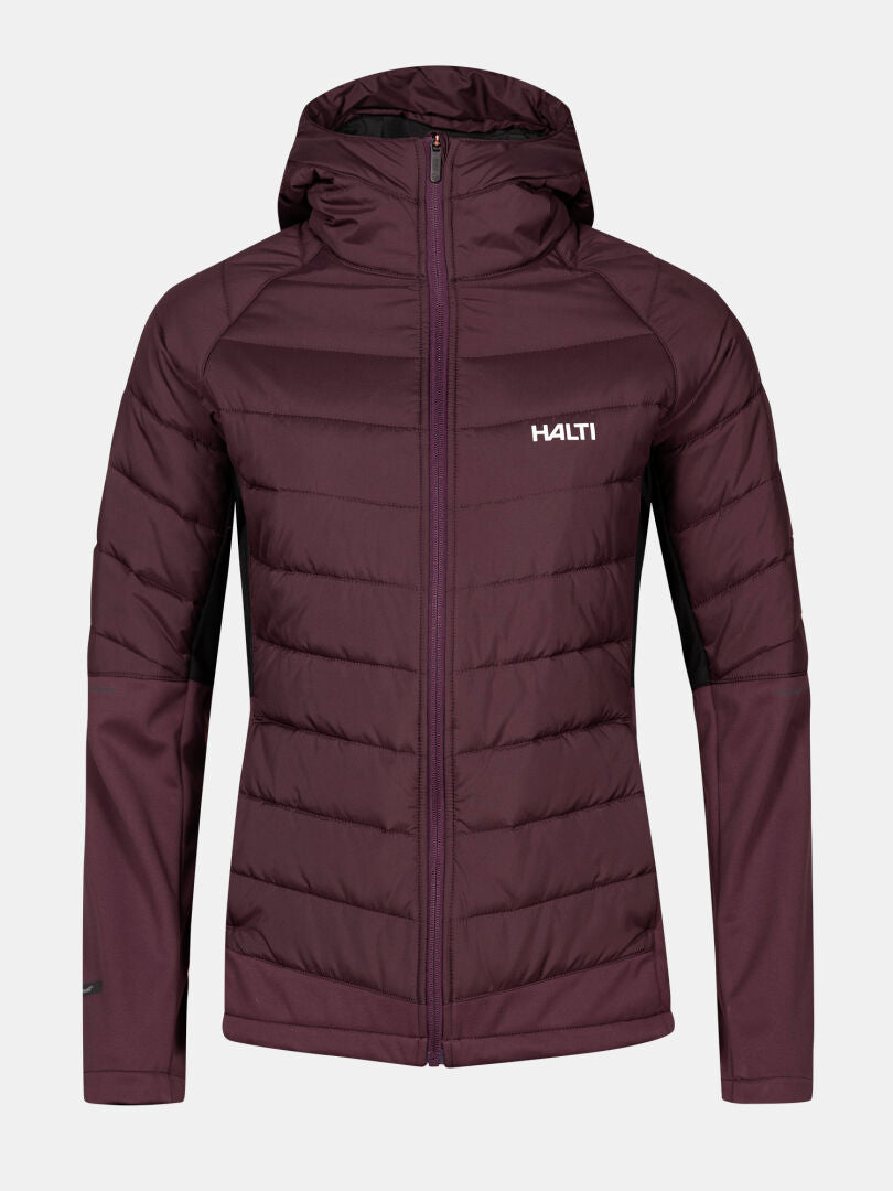 The Halti Hanki 2 Hybrid XCT Jacket Women's is maroon, hooded, with a front zipper and logo on the left chest.